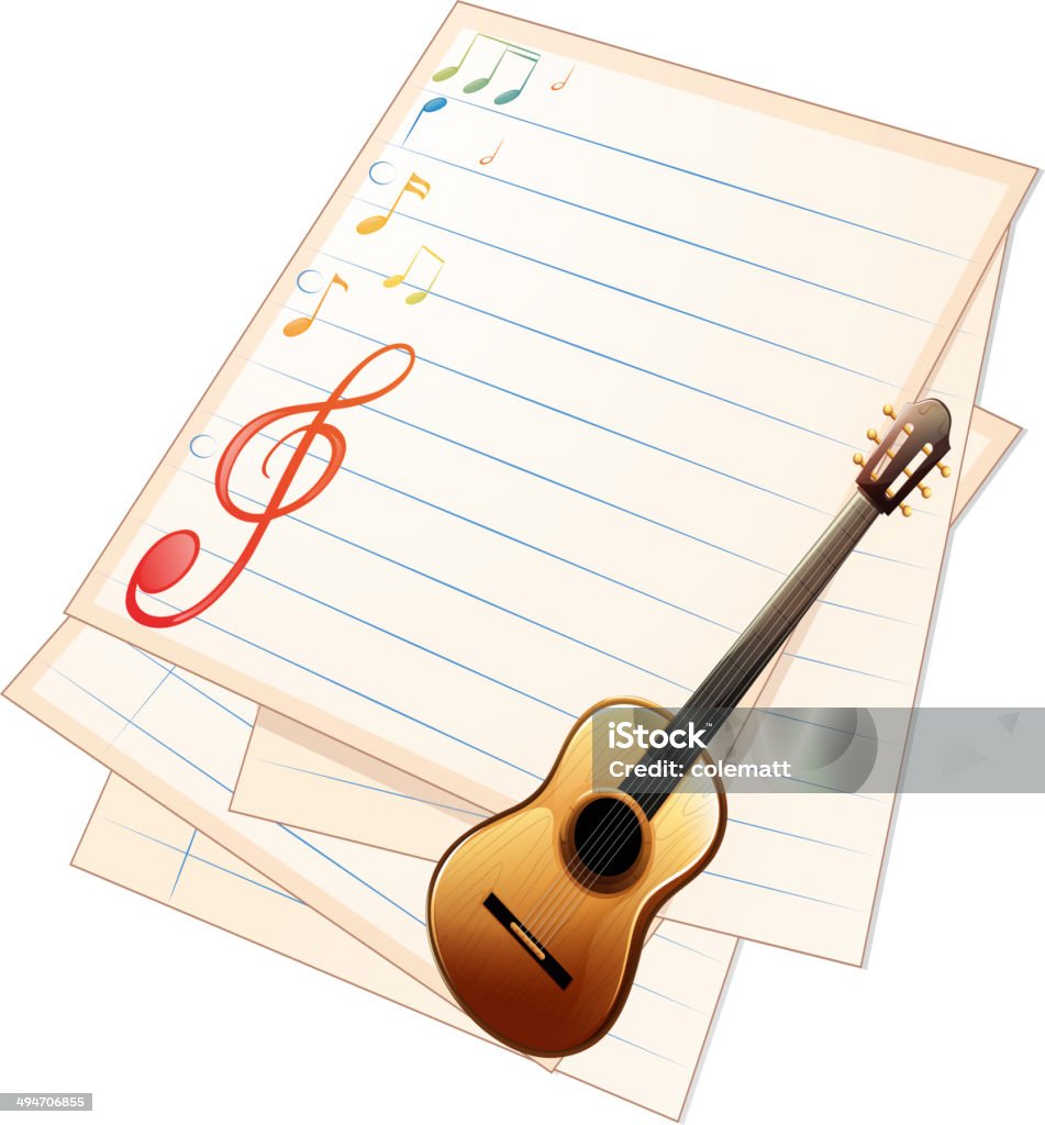 Empty music paper with a guitar Illustration of an empty music paper with a guitar on a white background Advertisement stock vector