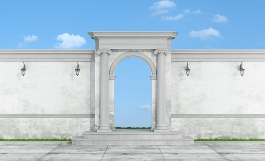 Old wall fence with stone portal in ionic order on blue sky - 3D Rendering