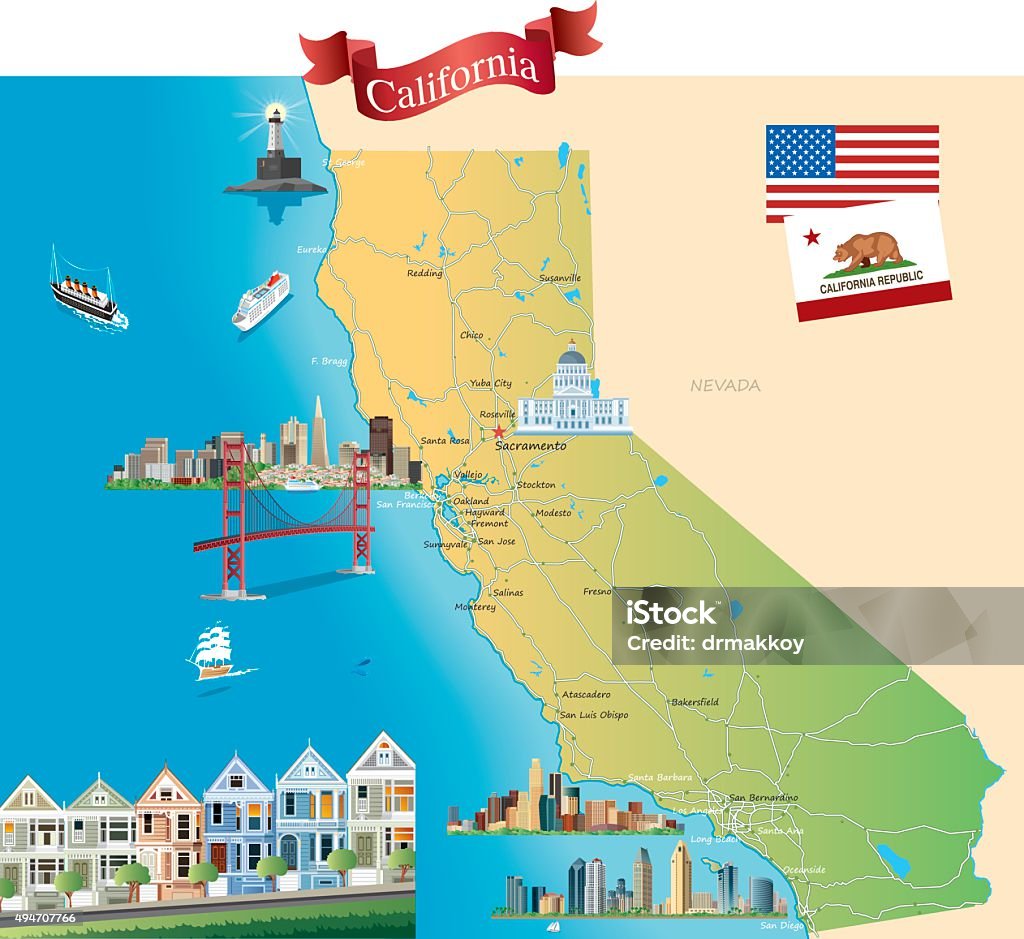 Cartoon map of California California Vector stock vector