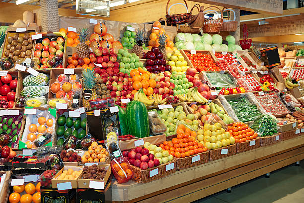 istock Shelf with fruits on a farm market 494708565