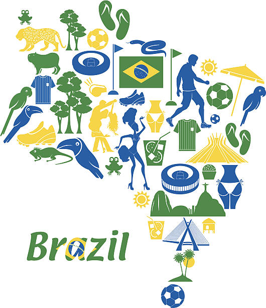 бразилия карта и футбол - brazil map rio de janeiro sao paulo stock illustrations
