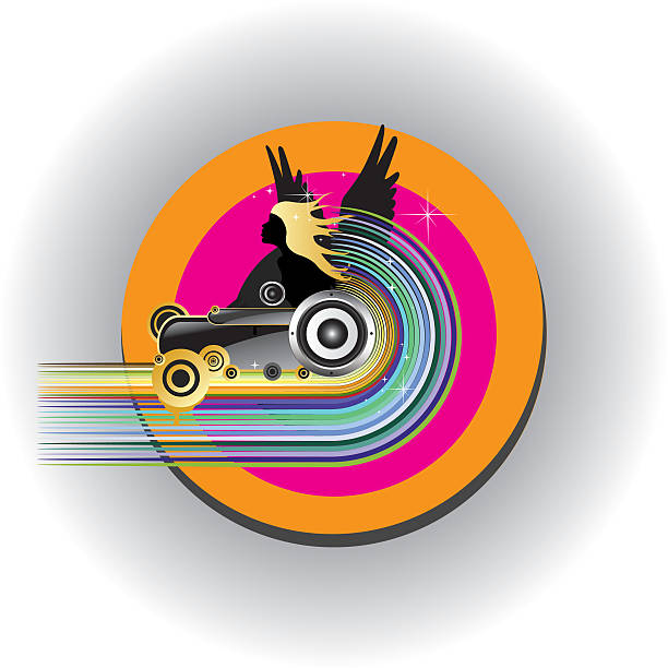 Beautiful dynamic music design with concentric colored circles and a winged angel with flowing hair and a speaker in silhouette.