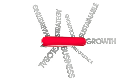 swiss army knife with lots of business words like global and solutions coming out of blades cut out on white background