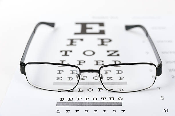 istock Eye glasses on eyesight test chart background close up 494711138