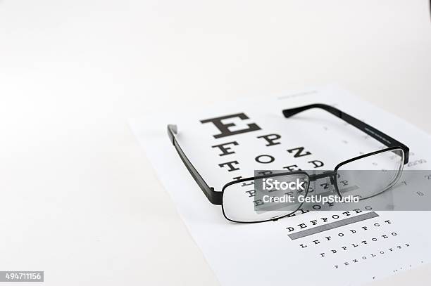 Eye Glasses On Eyesight Test Chart Background Close Up Stock Photo - Download Image Now