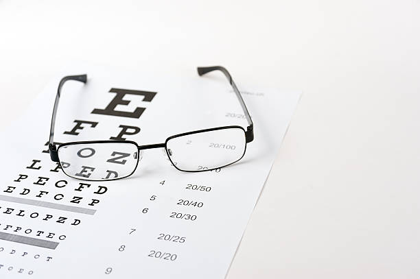 istock Eye glasses on eyesight test chart background close up 494711218