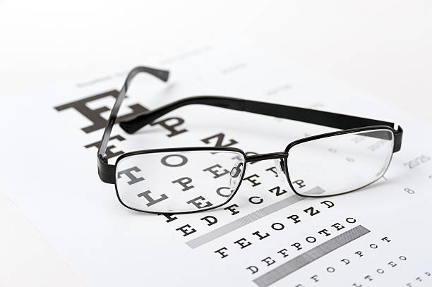 istock Eye glasses on eyesight test chart background close up 494711294
