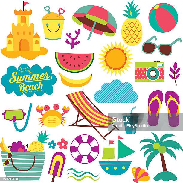 Summer Day Elements Clip Art Set Stock Illustration - Download Image Now - Summer, Beach, Clip Art