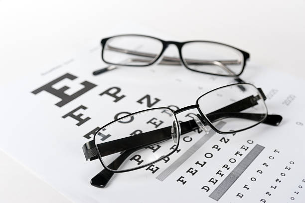 istock Eye glasses on eyesight test chart background close up 494711418