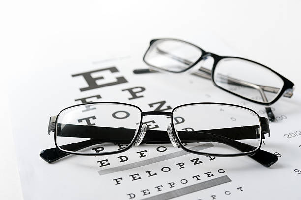 istock Eye glasses on eyesight test chart background close up 494711456