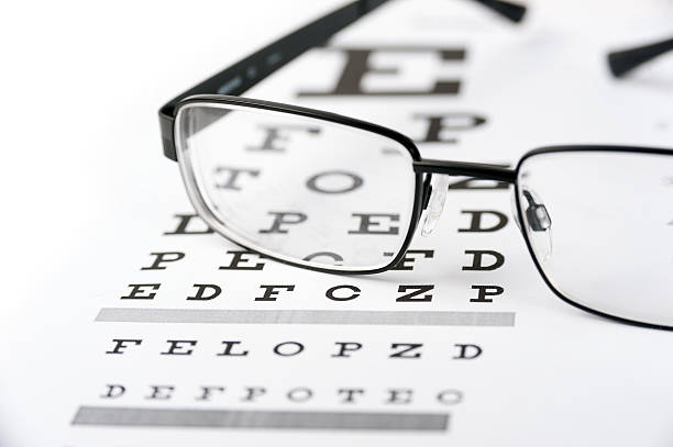 istock Eye glasses on eyesight test chart background close up 494711582