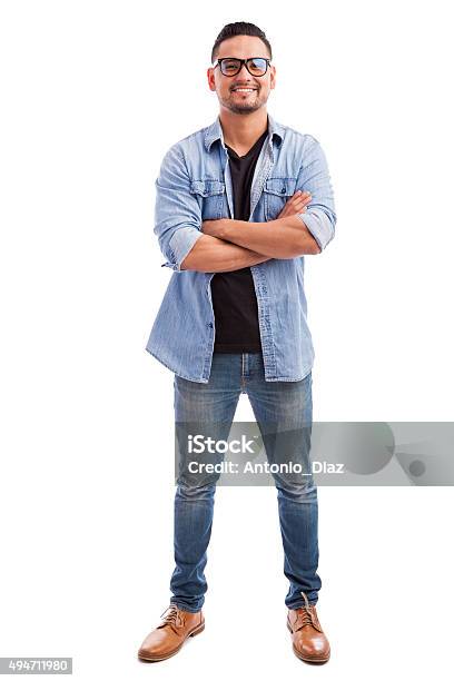 Happy Hipster In White Background Stock Photo - Download Image Now - Men, White Background, Full Length