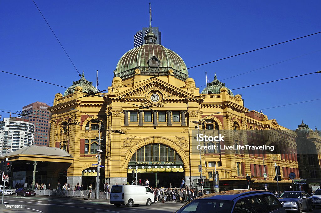 Flinders Street Station (Melbourne, Australia) View of the Flinders Street Station in Melbourne, (Victoria, Australia) with blue sky background. It's the most famous landmark in Melbourne. Flinders Street Station Stock Photo