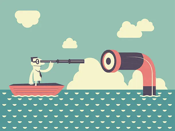 Vector illustration of businessman on boat, looking through a telescope. finding a periscope