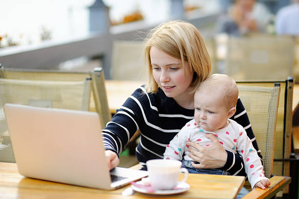 istock Young mother with her baby working or studying on laptop 494727124
