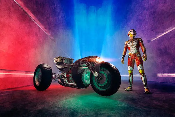 Fantasy super hero with futuristic motorbike.