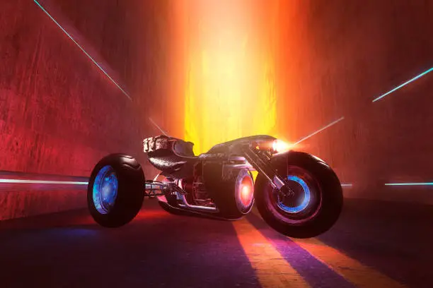 Fantasy superbike in the dark futuristic street.