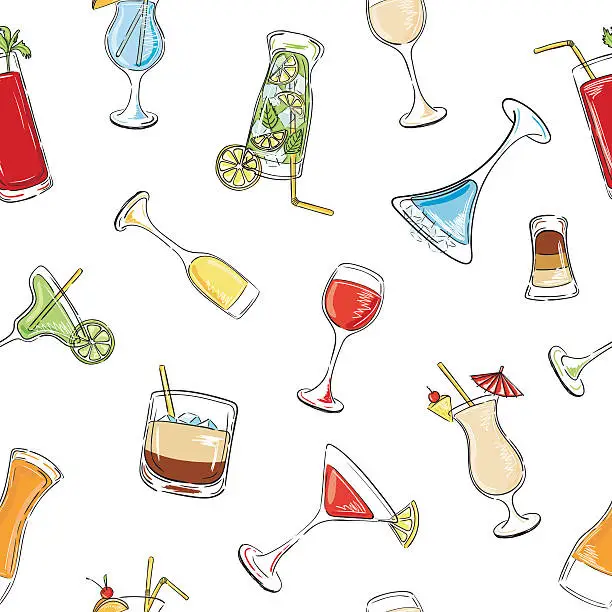 Vector illustration of Alcohol drinks and cocktails seamless pattern.