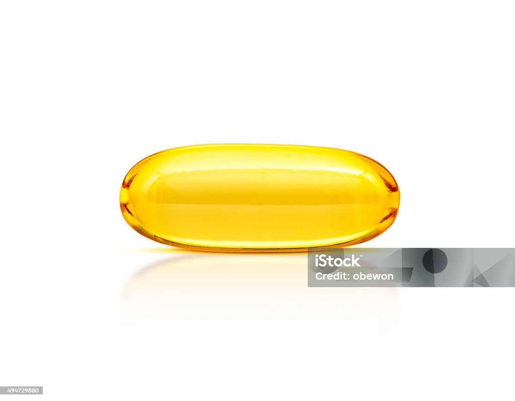 Fish oil supplement capsule isolated on white background Fish Oil Stock Photo