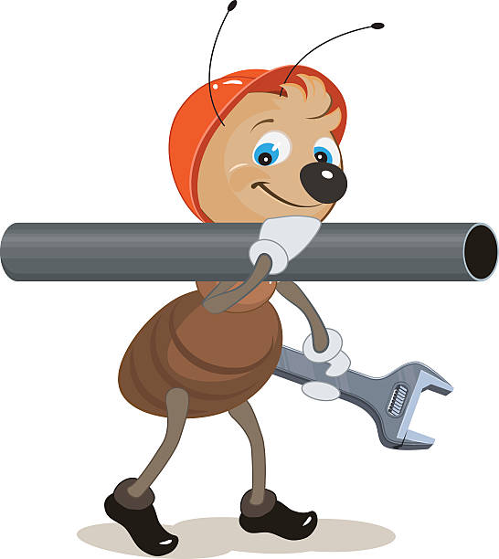 ant сантехник держит на своем плече и удерживая ключ для трубопроводов - pipefitter stock illustrations