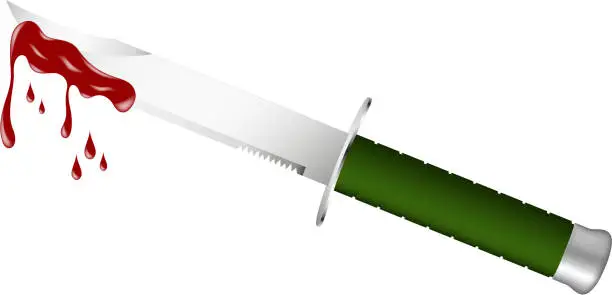 Vector illustration of Military knife with dark green handle and bloody blade