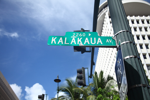 Road Sign of Kalakaua avenue in Hawaii.