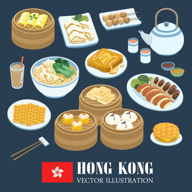 Hong Kong kitchens delicious Hong Kong cuisines collection in flat style street food stock illustrations