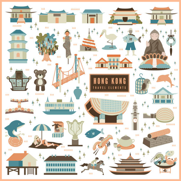 Hong Kong travel elements adorable Hong Kong travel elements collection in flat design tian tan buddha stock illustrations