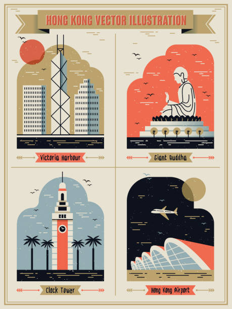 Hong Kong famous attractions Hong Kong famous attractions set in lovely flat design style clock tower stock illustrations
