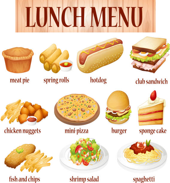 Various kind  food  lunch Various kind of food for lunch illustration meat pie stock illustrations