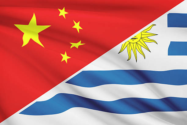 serie-rüschen flags.  china und orientalische republik uruguay. - oriental republic of uraguay stock-fotos und bilder