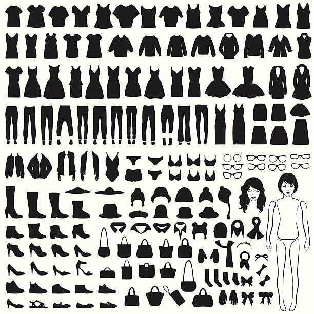 ilustraciones, imágenes clip art, dibujos animados e iconos de stock de silueta de ropa aislado - purse bag isolated fashion