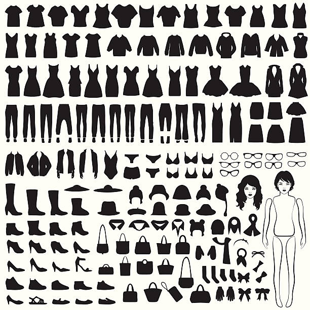 isolated clothing silhouette vector collection of woman fashion icons, paper doll, isolated clothing silhouette coat garment stock illustrations