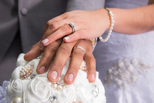 Just married couple showing rings