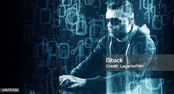 Hacker Typing On Laptop Keyboard Binary Code Background Stock Photo ...