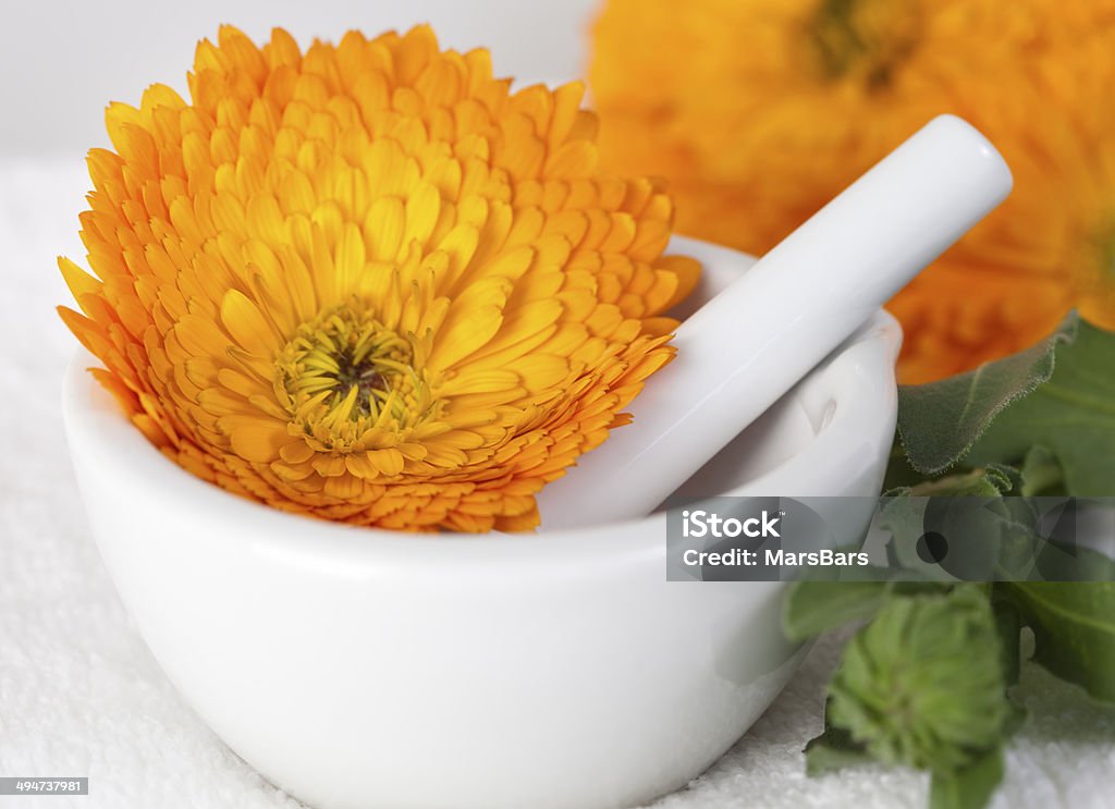 Caléndula flor en un mortero con mazo - Foto de stock de Caléndula - Flor Templada libre de derechos