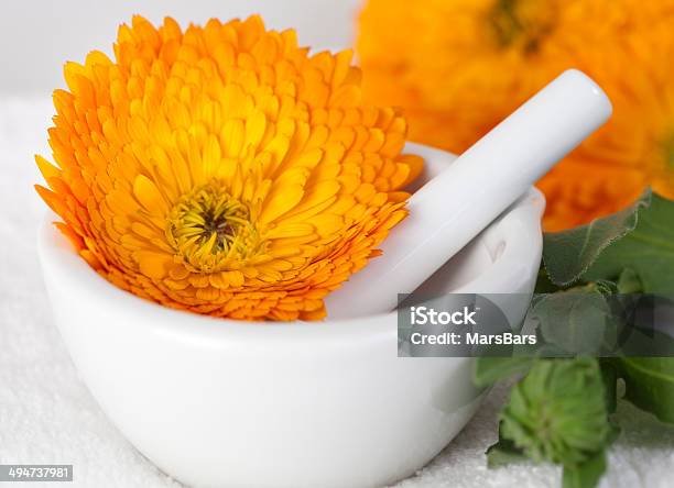 Photo libre de droit de Fleur De Calendula Dans Un Pilon Et Mortier banque d'images et plus d'images libres de droit de Fleur - Flore - Fleur - Flore, Flore, Fond