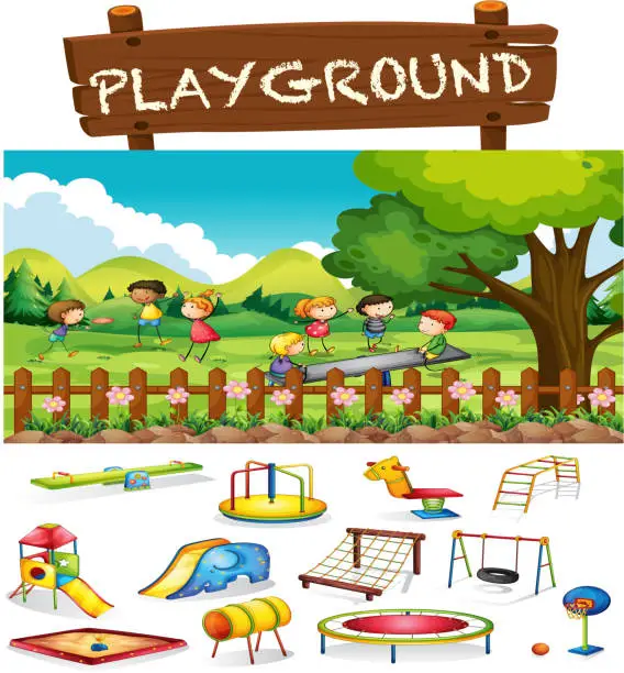 Vector illustration of Playground scene children  toys