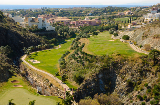 The Mediterranean sea seen from a golf course in Marbella, Andalusia, Spain