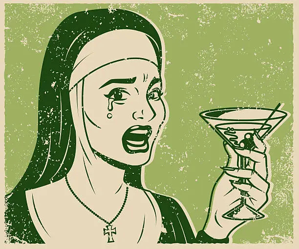 Vector illustration of Vintage Retro Crying Nun Drinking Martini Line Art Icon