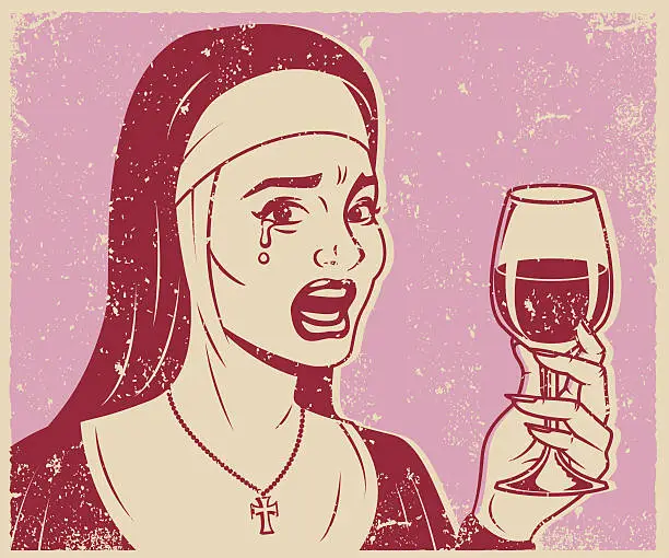 Vector illustration of Vintage Retro Crying Nun Drinking Wine Line Art Icon