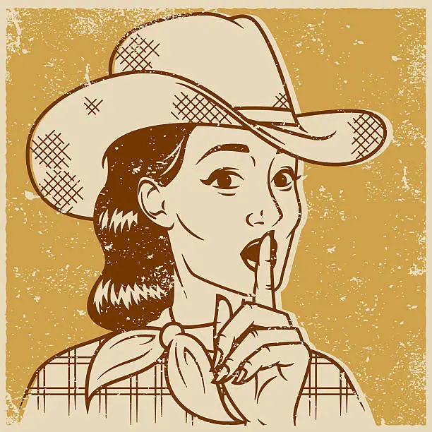 Vector illustration of Vintage Retro Cowgirl Making 'SHHH' Gesture Line Art Icon