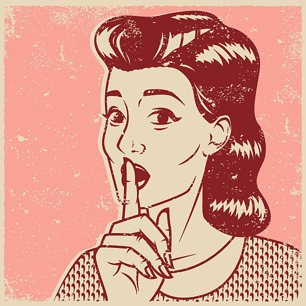 ilustraciones, imágenes clip art, dibujos animados e iconos de stock de vintage retro mujer haciendo gesto'shhh'de art icono - finger on lips illustrations