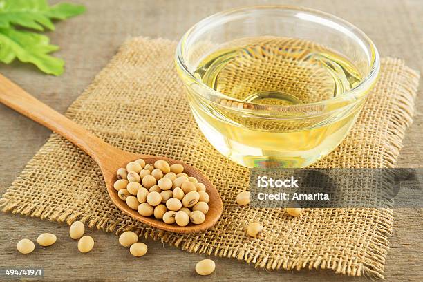 Soy Beans And Oil On Sack Stock Photo - Download Image Now - Cooking Oil, Soybean, Bean