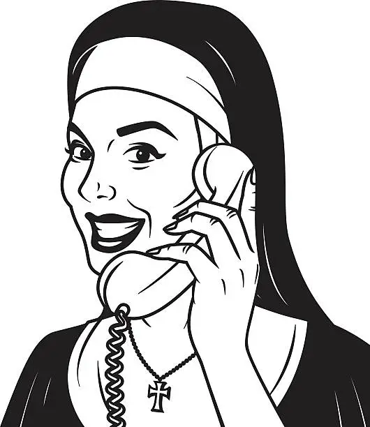 Vector illustration of Vintage Retro Nun On The Phone Line Art Icon