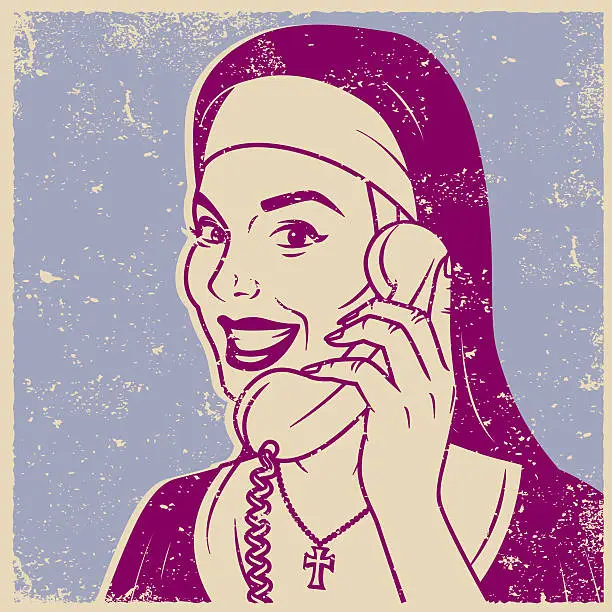 Vector illustration of Vintage Retro Nun On The Phone Line Art Icon