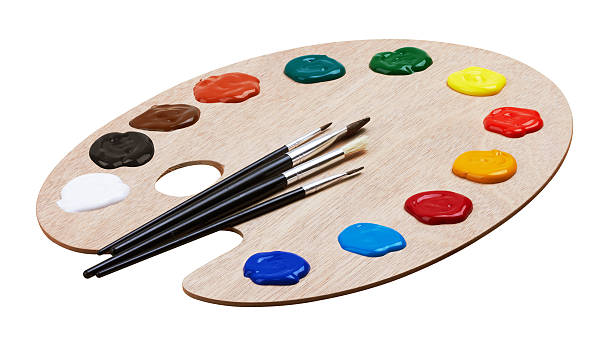 istock Wooden art palette with paints and brushes 494754582
