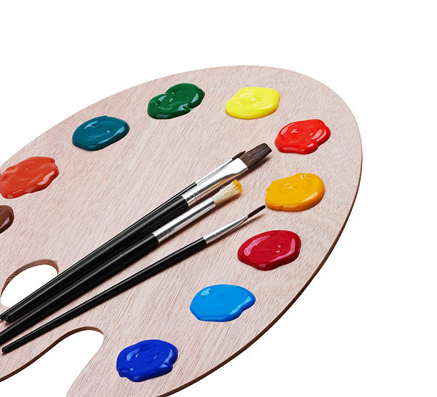 istock Wooden art palette with paints and brushes 494754606