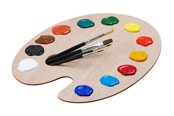 istock Wooden art palette with paints and brushes 494754624