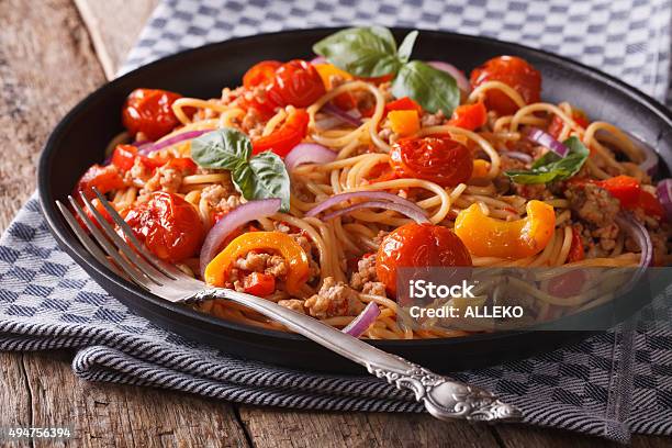 Pasta With Minced Meat And Vegetables Closeup Horizontal Stock Photo - Download Image Now